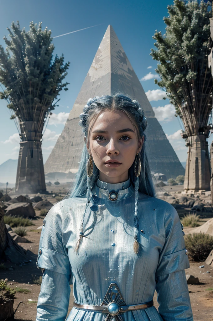 a cinematic frame, a portrait of an alien woman with pale bluish skin, blue-white dreadlocks, a long white dress in a futuristic style decorated with silver artifacts, a strange planet with plains, forests of red trees, bizarre pyramid-shaped and spherical buildings in the background, a huge planet appears in the haze above the horizon-satellite in blue tones, with craters on the surface, light haze, unusual lighting, fantastic, hyperrealistic