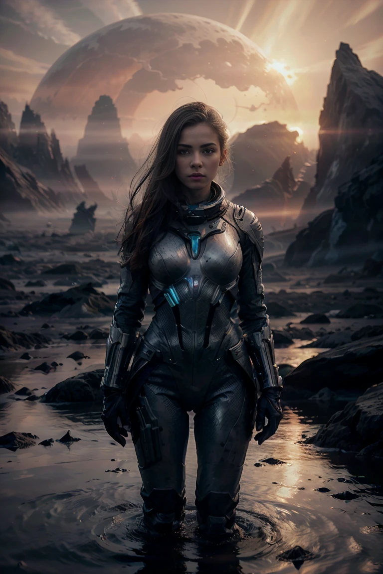 A beautiful girl, wearing a silver spacesuit, standing on an endless surface of water, floating mist, holding a large ion gun in both hands, mountains in the background, no frontal fill light, dark light, rich in detail Inspired by the movie Alien prequel Prometheus, (((sunset)))