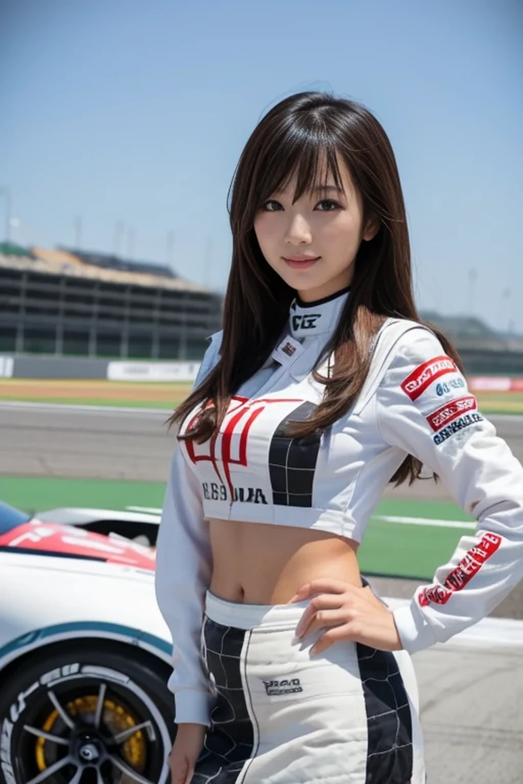 best quality, masterpiece, beautiful Japanese woman, (((race queen, grid girl))), (huge breasts), ((racing circuit)),