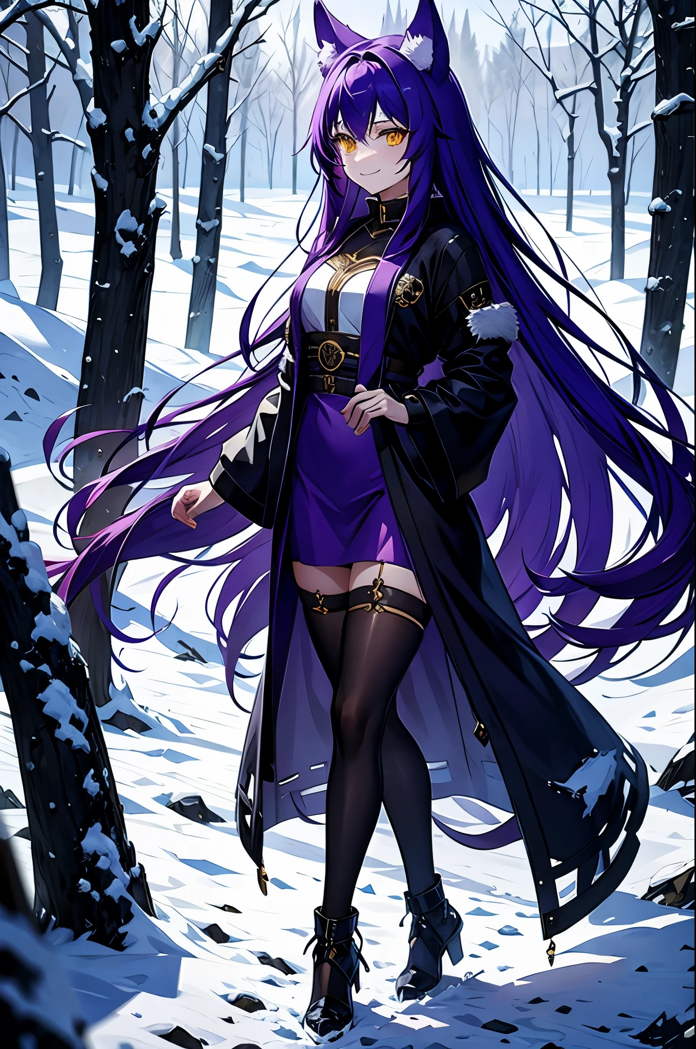 fenrir, long hair, purple hair, outdoor, winter, full of smile, smile, yellow eyes, full body, masterpiece, wolf ears, cure smile, forest, ((black jacket, black fur jacket)), thighhigh, 