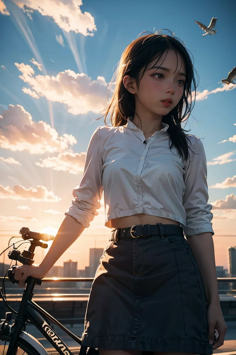 1girl, (3D:0.5,realistic:0.5,photorealistic:0.5),(absurdres,Super-resolution,masterpiece,best quality,finely detailed,absurdres:1.2), dramatic light, dramatic illumination, cinematic, anime scenery, makoto shinkai, ghibli, fantasy world, magical, beautiful sky, clouds, building, bikes, airplane trail, birds, dramatic lighting, cinematic lighting, sunset, warm sunset, warm sun, street, depth of field, lens flare,