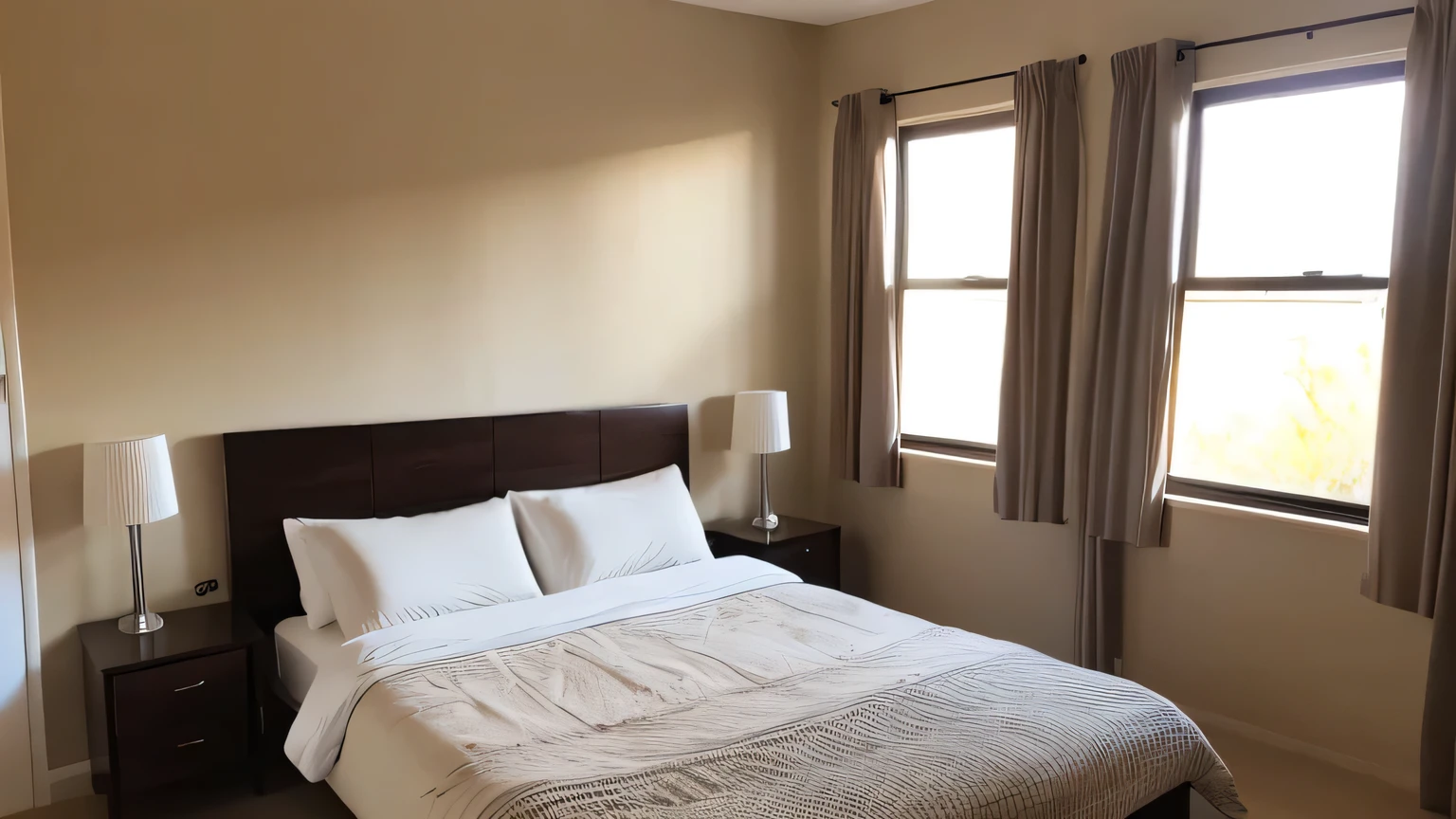 Contemporary Western-style double bed, stylish, messy bedding, morning sun shining through window, clean room,.