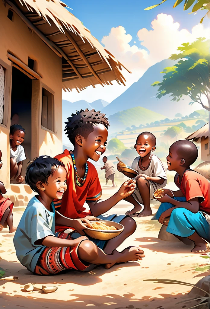 Ultra Realistic, Highly Defined Details, African tribal Family Black, African children, playing in a tribal Village, Bone earrings, Crimson Decor, Sunlight to Capturing the Mode, Young Adult African Male Villager, With His Young Brothers Sisters, sitting on the ground, eating food, Laughing, playing and smiling, In the Village, Mountains behind the Village, side view walking, side perspective,