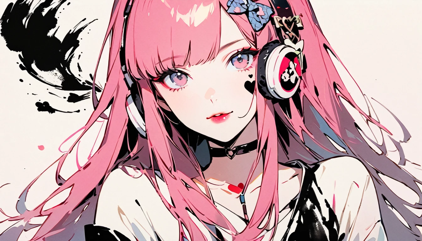 (((Ink Painting))), Fashion portrait color photos, (((1 girl))), (((Heart tattoo on face))), (((Gorgeous hair accessories))), Japanese style headphones, Japanese beautiful girl, pink Hair