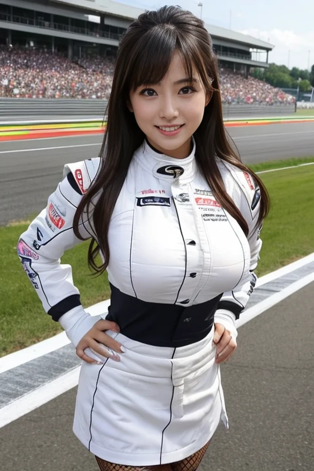 best quality, masterpiece, beautiful Japanese woman, (((race queen, grid girl))), (huge breasts), ((racing circuit)),