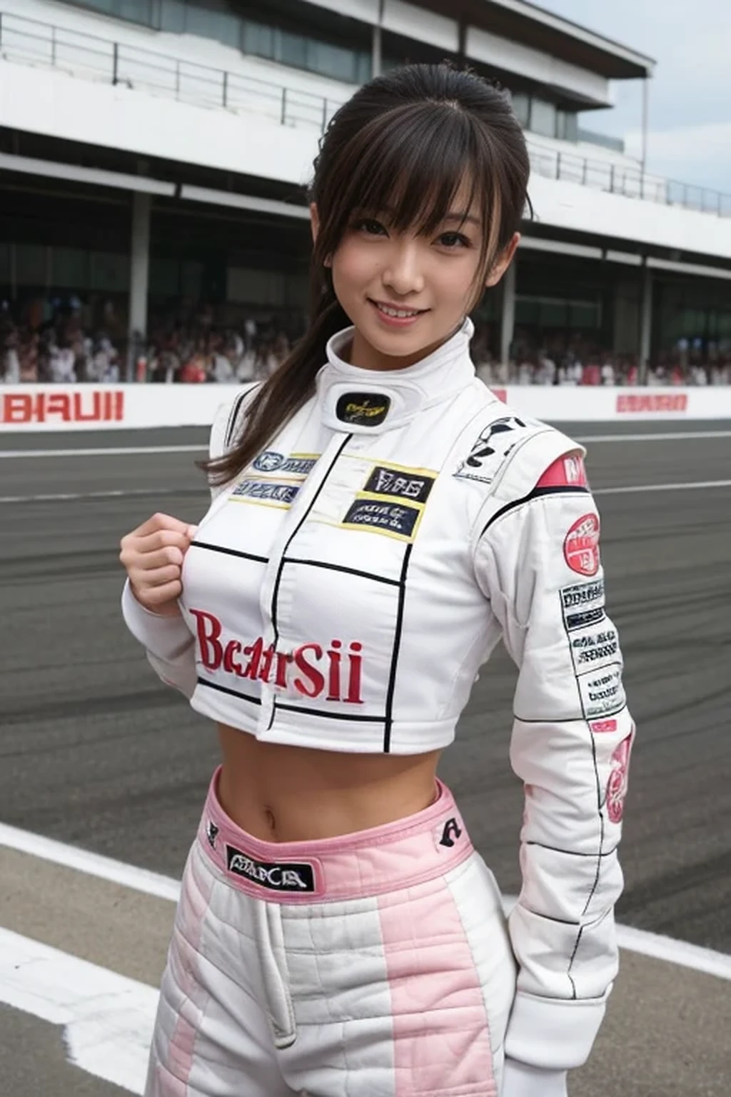 A close up of a woman in a racing outfit posing for a picture - SeaArt AI