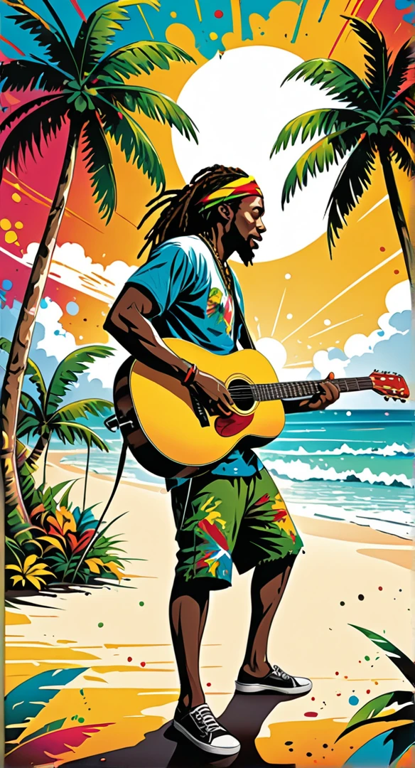 Vector art, Lots of Jamaican Reggae, Authentic Jamaican reggae music atmosphere，Color illustrations, in the center, Vibrant colors, Paint splatters and stains, High detail, 
Palm tree,A man is playing the guitar in the distance,Beach