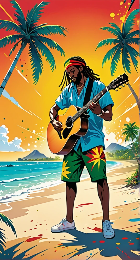 Vector art, Lots of Jamaican Reggae, Authentic Jamaican reggae music atmosphere，Color illustrations, in the center, Vibrant colors, Paint splatters and stains, High detail, 
Palm tree,A man is playing the guitar in the distance,Beach