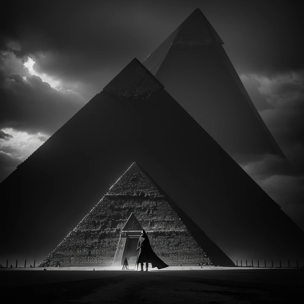 a grim reaper in front of a pyramid,vintage photograph,dramatic lighting,dramatic pose,cinematic,moody,dark and eerie atmosphere,high contrast,rich tones,detailed textures,sharp focus,ultra-detailed