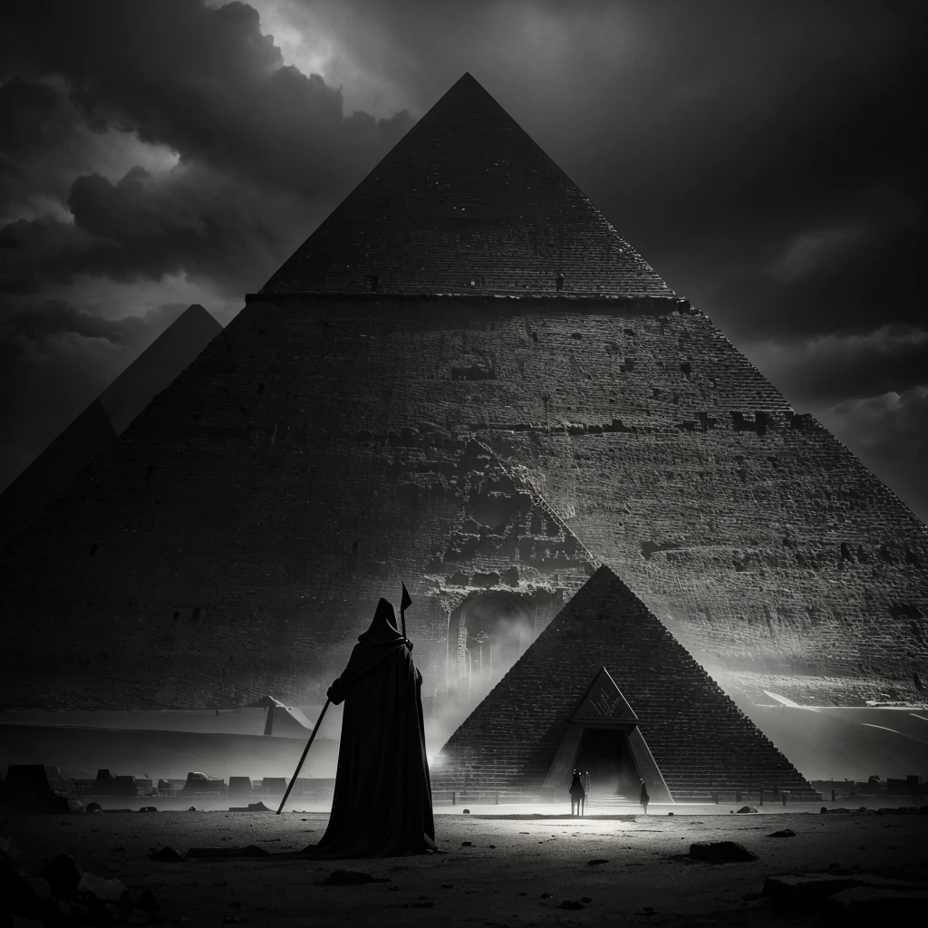 a grim reaper in front of a pyramid,vintage photograph,dramatic lighting,dramatic pose,cinematic,moody,dark and eerie atmosphere,high contrast,rich tones,detailed textures,sharp focus,ultra-detailed