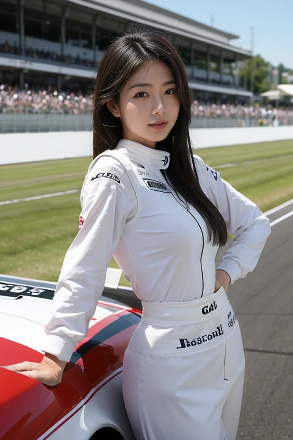 best quality, masterpiece, beautiful Japanese woman, (((race queen, grid girl))), (huge breasts), ((racing circuit)),