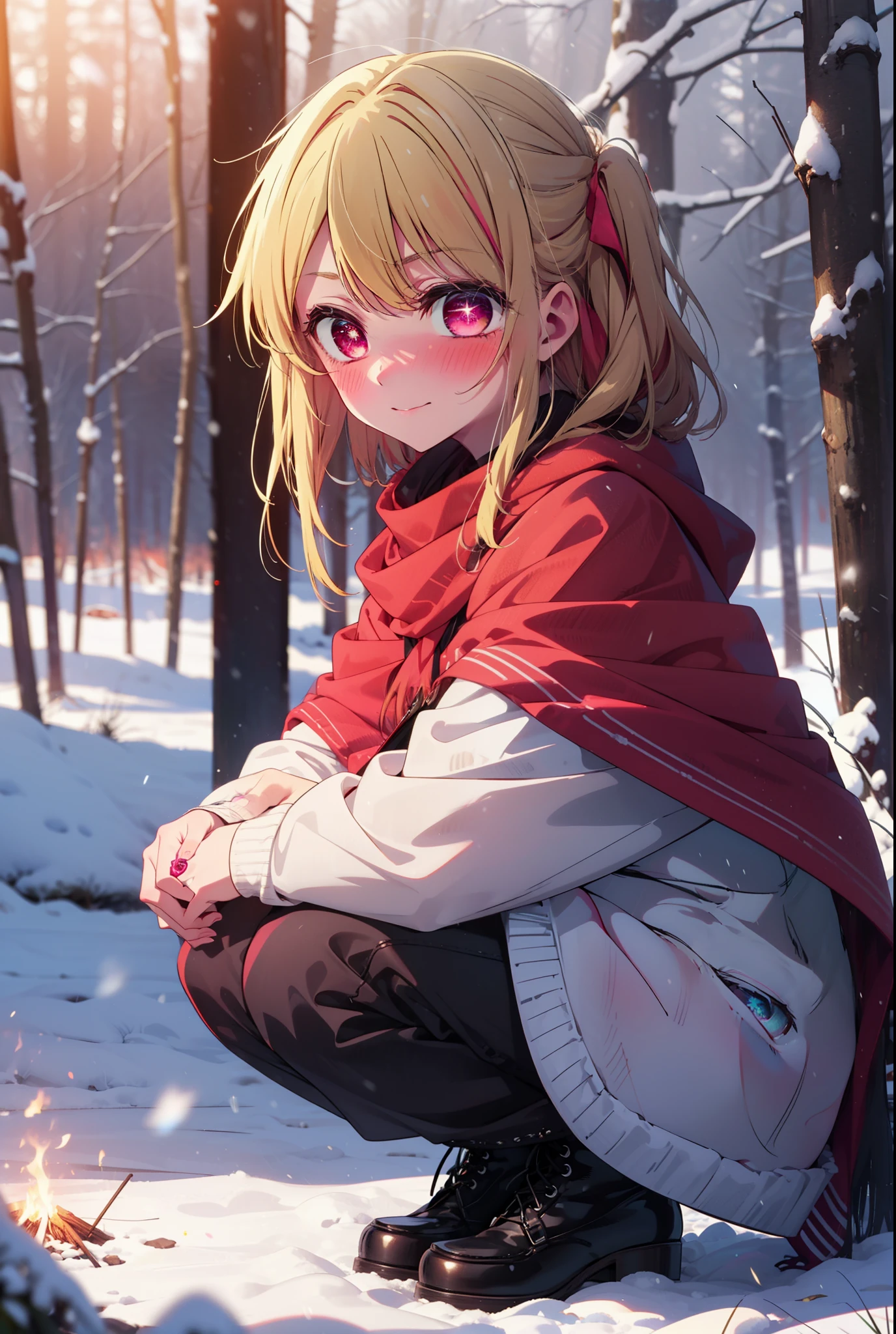 rubyhoshino, Hoshino Ruby, Long Hair, bangs, blonde, (Pink Eyes:1.3), Side Lock, (Symbol-shaped pupil:1.5), Multicolored Hair, Two-tone hair, smile,,smile,blush,white breath,
Open your mouth,snow,Ground bonfire, Outdoor, boots, snowing, From the side, wood, suitcase, Cape, Blurred, , forest, White handbag, nature,  Squat, Mouth closed, Cape, winter, Written boundary depth, Black shoes, red Cape break looking at viewer, Upper Body, whole body, break Outdoor, forest, nature, break (masterpiece:1.2), Highest quality, High resolution, unity 8k wallpaper, (shape:0.8), (Beautiful and beautiful eyes:1.6), Highly detailed face, Perfect lighting, Extremely detailed CG, (Perfect hands, Perfect Anatomy),