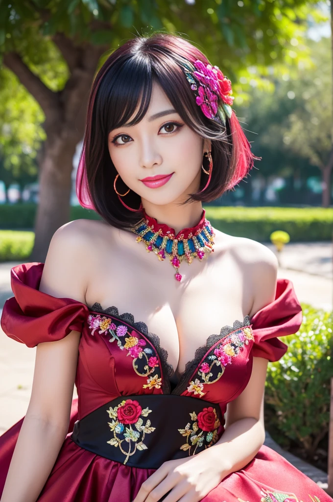 (masterpiece:1.4), (best quality:1.4), ultra high res, ultra high resolution, ((detailed facial features)), HDR, (realistic, photorealistic, photo-realistic:1.37), full body Esbian, sexy Vietnamese model, (-anime), vivid colors, ((vivid colors multicolor (red, fuchsia) very short hair)), (happy smile), lip-gloss, long lashes, metallic makeup, defined eyebrows, wearing large sparkling colorful jewelery, wearing a red silk Paradise Kiss cosplay dress with black floral embroidery, ((vivid colors outfit)), vivid colors, look at the camera, cinematic light, large park background with trees, sweet and sexy pose