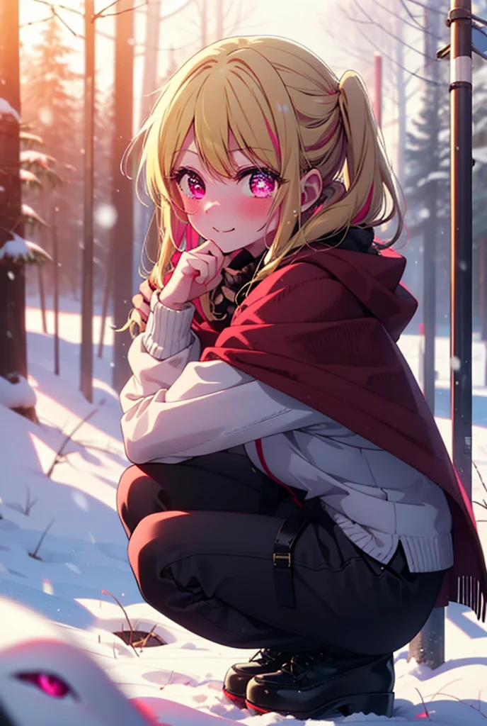 rubyhoshino, Hoshino Ruby, Long Hair, bangs, blonde, (Pink Eyes:1.3), Side Lock, (Symbol-shaped pupil:1.5), Multicolored Hair, Two-tone hair, smile,,smile,blush,white breath,
Open your mouth,snow,Ground bonfire, Outdoor, boots, snowing, From the side, wood, suitcase, Cape, Blurred, , forest, White handbag, nature, Squat, Mouth closed, Cape, winter, Written boundary depth, Black shoes, red Cape break looking at viewer, Upper Body, whole body, break Outdoor, forest, nature, break (masterpiece:1.2), Highest quality, High resolution, unity 8k wallpaper, (shape:0.8), (Beautiful and beautiful eyes:1.6), Highly detailed face, Perfect lighting, Extremely detailed CG, (Perfect hands, Perfect Anatomy),