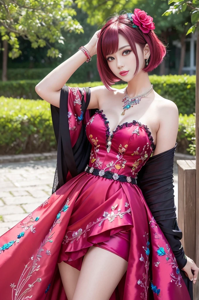 (masterpiece:1.4), (best quality:1.4), ultra high res, ultra high resolution, ((detailed facial features)), HDR, (realistic, photorealistic, photo-realistic:1.37), full body Esbian, sexy Vietnamese model, (-anime), vivid colors, ((vivid colors multicolor (red, fuchsia) very short hair)), (happy smile), lip-gloss, long lashes, metallic makeup, defined eyebrows, wearing large sparkling colorful jewelery, wearing a red silk Paradise Kiss cosplay dress with black floral embroidery, ((vivid colors outfit)), vivid colors, look at the camera, cinematic light, large park background with trees, sweet and sexy pose