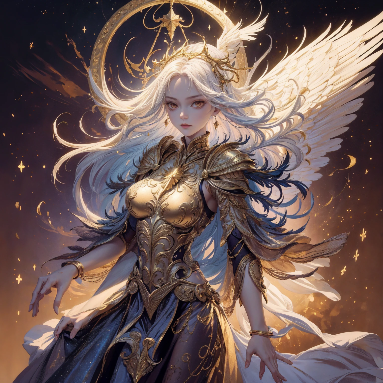 Art of Woman Wearing Sun Crown, Wearing a gorgeous golden metal bra and breastplate that reveals a little skin above the chest, Wearing a gorgeous golden dress with nebula inside, A pair of giant angel wings taller than the body spread out behind the woman., ancient goddess art, Sacredness. Very detailed, Mysterious inspiration, Inspiration from the Sun God, Religious inspiration, A divine background, Cold and snobbish face, Dangerous expressions, White hair, Floating sideways in the void like a goddess, One hand reaches out to the sky while the other hand holds a brilliant orb as bright as the sun., Full body portrait, Gothic art style, Weird art style, Occult art, Halo of angels, contempt eyes, Divine light, Wide-angle lens, Upward Shot