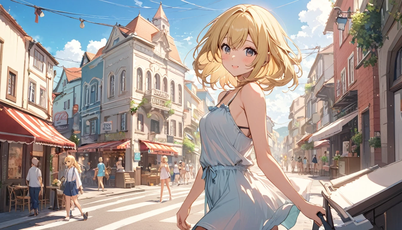 Highest quality,Cute Anime Girl,Blonde,In town,summer