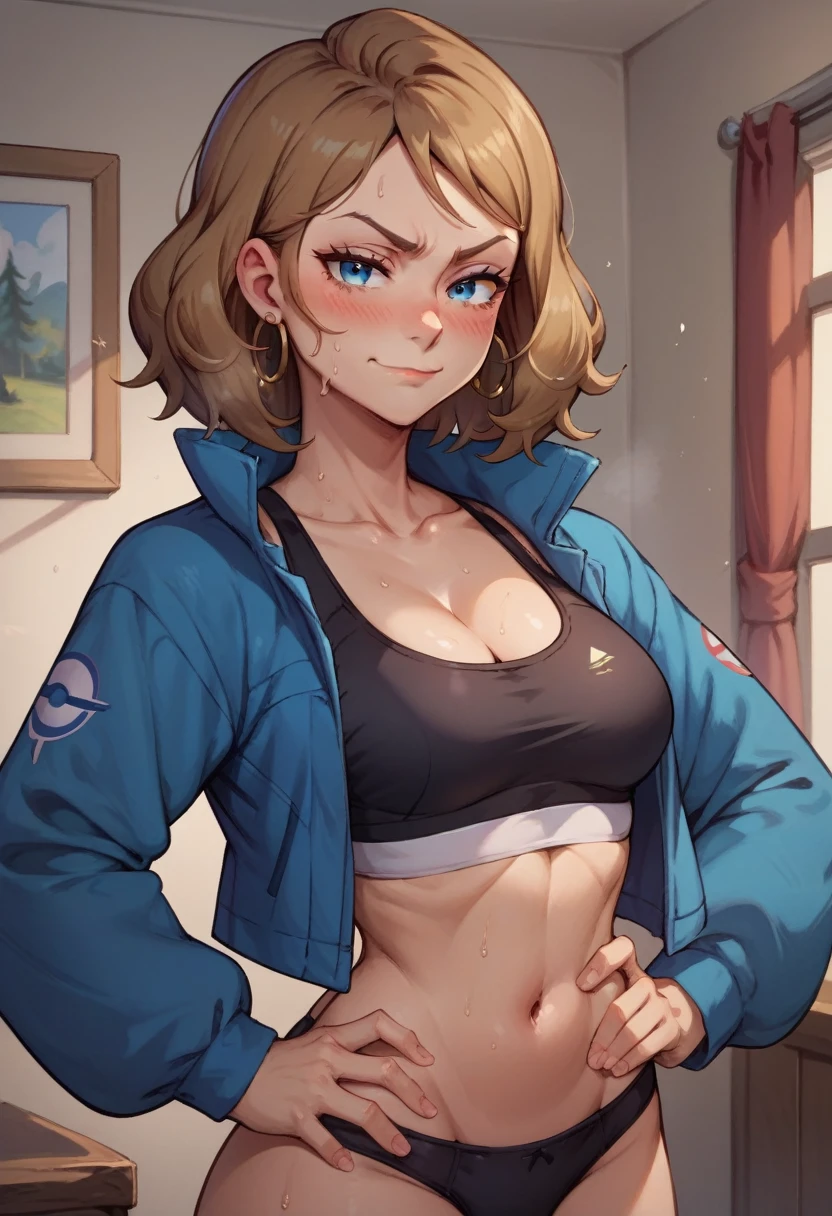 cleavage, in a living room, one hand on hip, seductive smirk, medium breasts,wearing black sports bra, black panties, Serena from pokemon,standing,upper body blushing, wearing blue jacket, hoop earrings, sweating