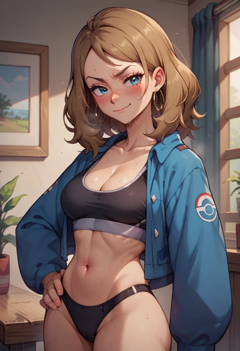 cleavage, in a living room, one hand on hip, seductive smirk, medium breasts,wearing black sports bra, black panties, Serena from pokemon,standing,upper body blushing, wearing blue jacket, hoop earrings, sweating