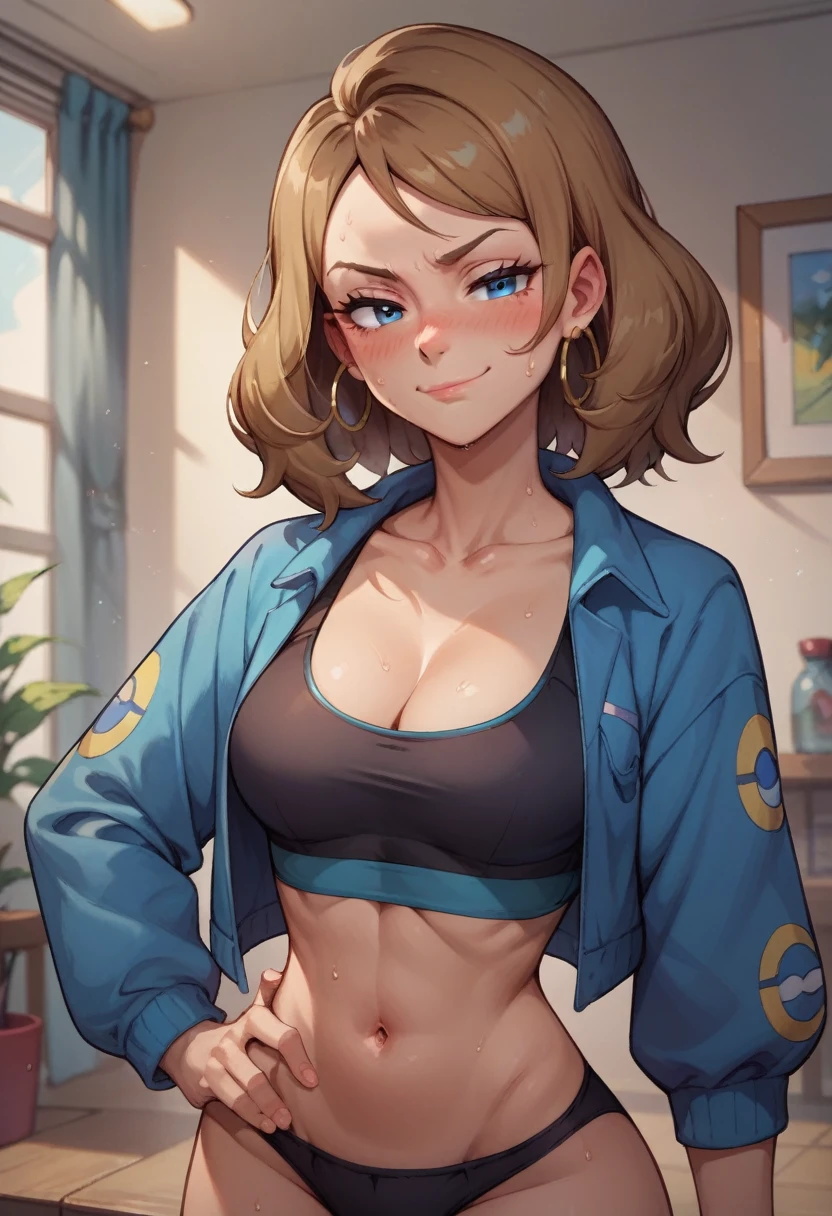 cleavage, in a living room, one hand on hip, seductive smirk, medium breasts,wearing black sports bra, black panties, Serena from pokemon,standing,upper body blushing, wearing blue jacket, hoop earrings, sweating