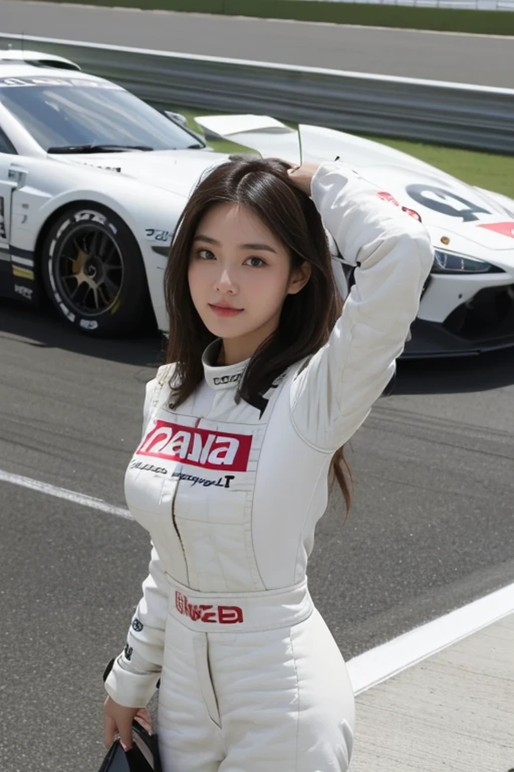 best quality, masterpiece, beautiful Japanese woman, (((race queen, grid girl))), (huge breasts), ((racing circuit)),