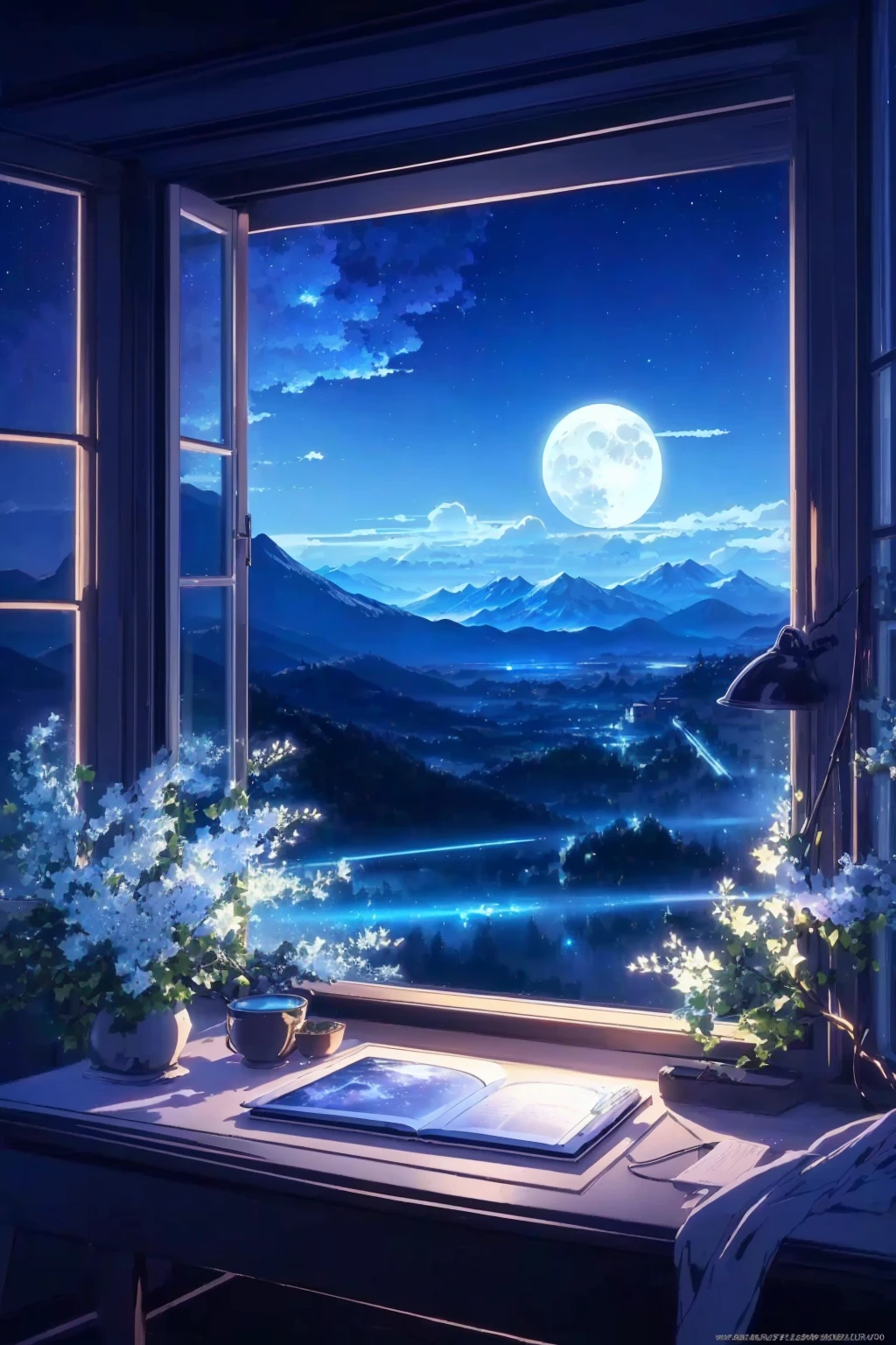 Anime landscape of a window with a view of a mountain and a full moon, anime background, anime background art, Anime landscape桌布, Night view, beautiful Anime landscape, Anime landscape, Dream-like atmosphere on a moonlit night, Anime beautiful peaceful scene, 4k anime wallpaper, Beautiful anime scene, landscape artwork, beautiful moonlit night, Landscape wallpaper aesthetics, Starry sky environment under moonlight