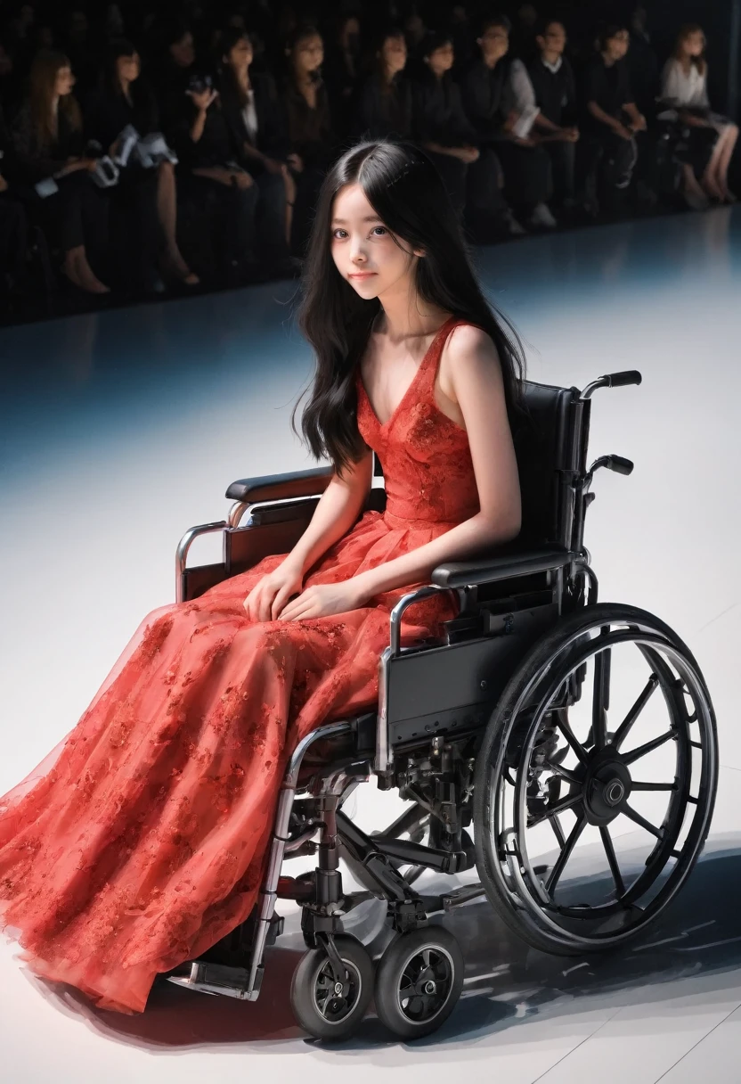 A female fashion model in wheelchair, full body, wide shot, from above, (no see legs and feet with long skirt), She's on the Paris Fashion Week runway, black long hair, imposing smile, She lost both legs in an accident when she was , She says I don't count what I don't have, inspired myu_ashihara, Cinema Lighting, Vibrant colors, Super detailed,Very detailed face and eyes, Beautiful lip, Cinema Lighting