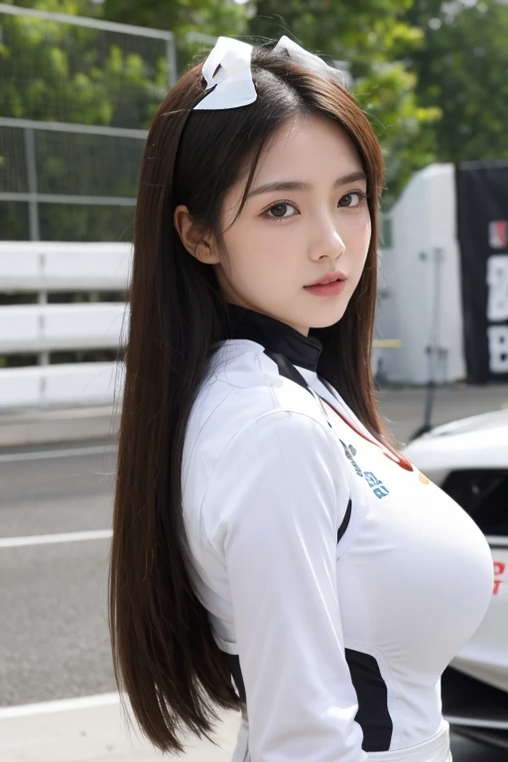 best quality, masterpiece, beautiful Japanese woman, (((race queen, grid girl))), (huge breasts), ((racing circuit)),