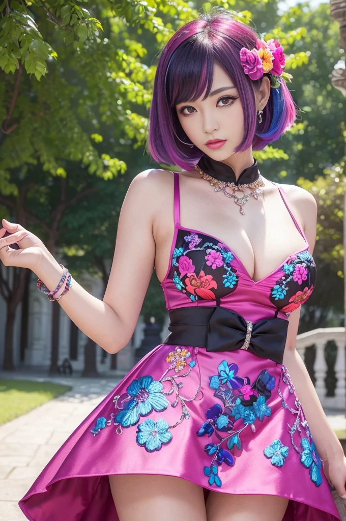 (masterpiece:1.4), (best quality:1.4), ultra high res, ultra high resolution, ((detailed facial features)), HDR, (realistic, photorealistic, photo-realistic:1.37), full body Esbian, sexy Thai model, (-anime), only 1 model, vivid colors, ((vivid colors multicolor (fuchsia, pink, light blue, purple) very short hair)), (seductive smile), lip-gloss, long lashes, defined eyebrows, wearing large sparkling colorful jewelery, wearing a red silk Paradise Kiss cosplay dress with black floral embroidery, ((vivid colors outfit)), vivid colors, look at the camera, cinematic light, large park background with trees, sweet and sexy pose