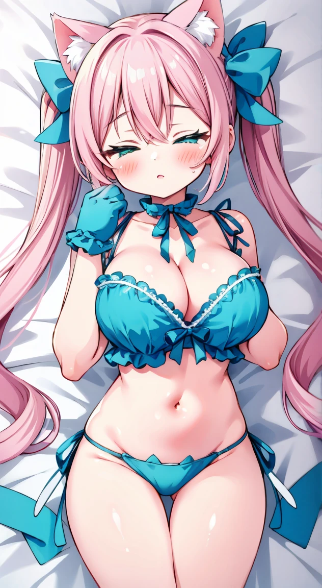 Light green,Aqua Color,Side tie panties,The ribbon is lovely, Ribbon Panties,Cats are good, Lace panties,Pink Hair,Twin tails,blush, full-face blush,masterpiece, Highest quality, (anime screencap:1.3),(shape), cute,(Simple:1), (anime:1.2),Solo Sharp Focus, 1 girl, Cleavage,Lying down,Kiss,Close your eyes,(Hand Paw Gloves),room,bed,(( Aqua Color,cat lingerie1.1)),Big Breasts,Beautiful breasts,Beautiful Hips,Accentuate your breasts,((pastel colour,cat lingerie))Twin tailsヘア,Sky Color,cute (Cat ears 1.1),