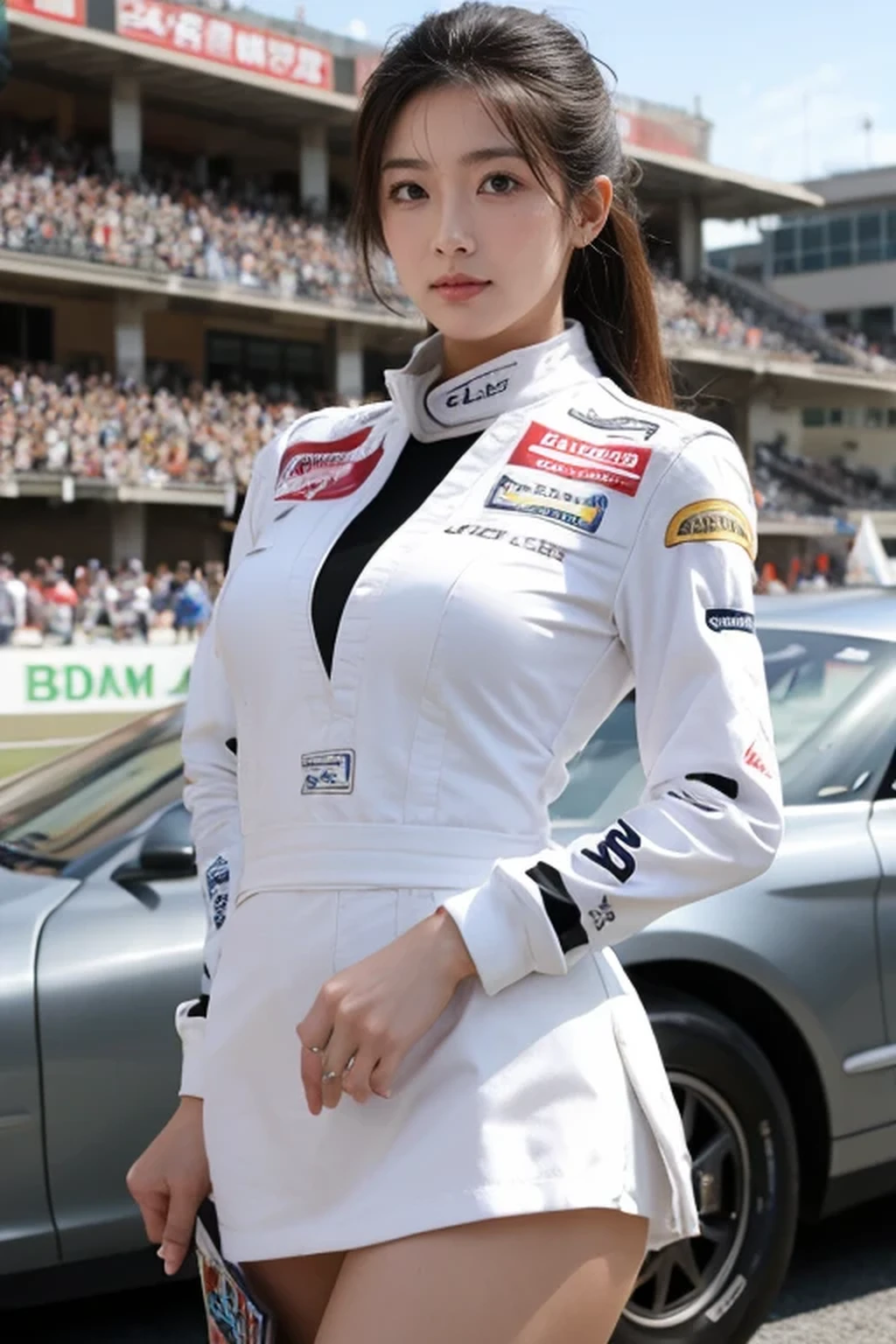 best quality, masterpiece, beautiful Japanese woman, (((race queen, grid girl))), (huge breasts), ((racing circuit)),