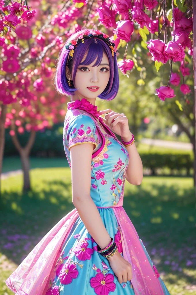 (masterpiece:1.4), (best quality:1.4), ultra high res, ultra high resolution, ((detailed facial features)), HDR, (realistic, photorealistic, photo-realistic:1.37), full body Esbian, sexy swedish model, (-anime), only 1 model, vivid colors, ((vivid colors multicolor (fuchsia, pink, light blue, purple) very short hair)), (seductive smile), lip-gloss, long lashes, defined eyebrows, wearing large sparkling colorful jewelery, wearing a red silk Paradise Kiss cosplay dress with black floral embroidery, ((vivid colors outfit)), vivid colors, look at the camera, cinematic light, large park background with trees, sweet and sexy pose