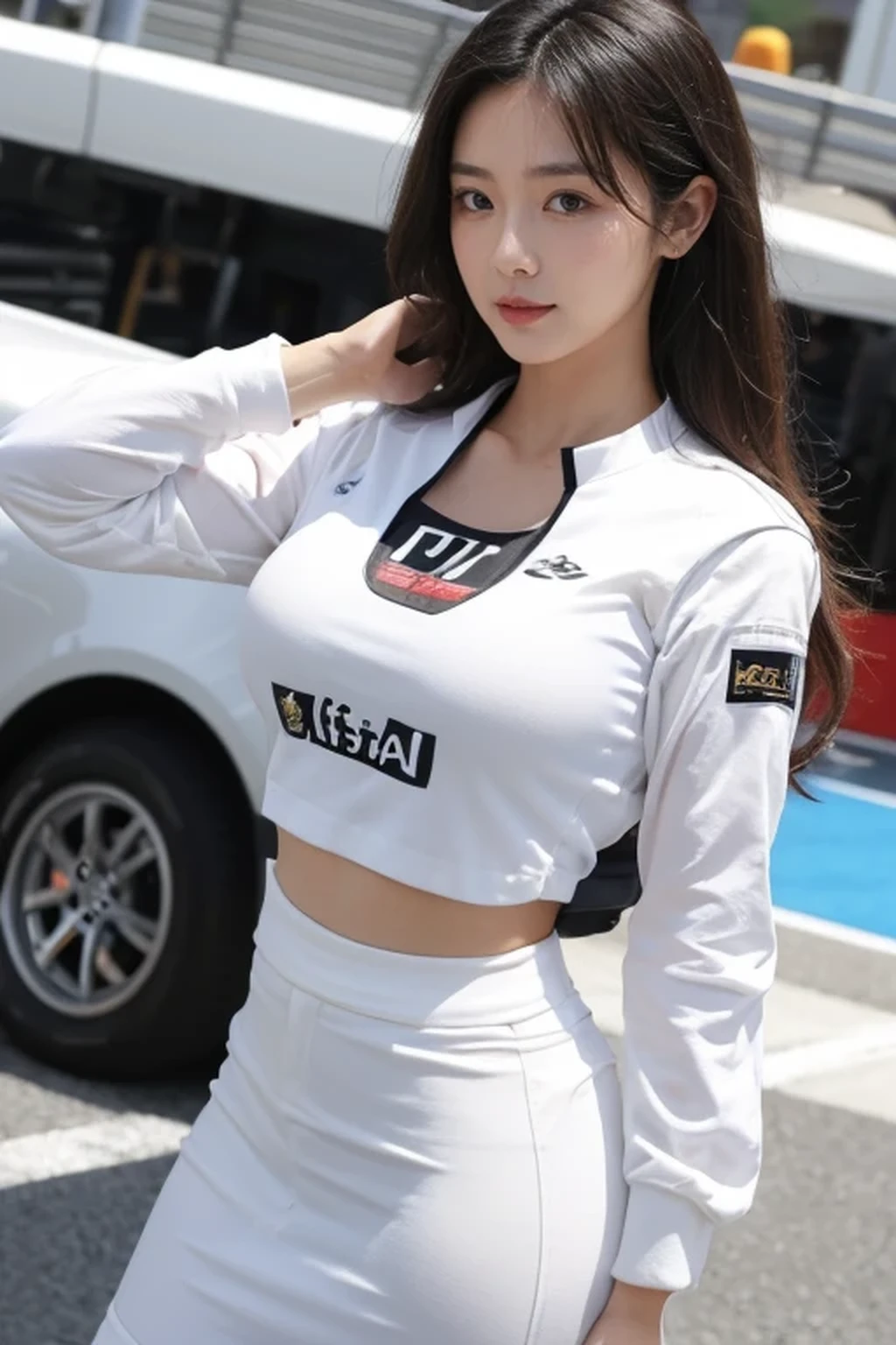 best quality, masterpiece, beautiful Japanese woman, (((race queen, grid girl))), (huge breasts), ((racing circuit)),