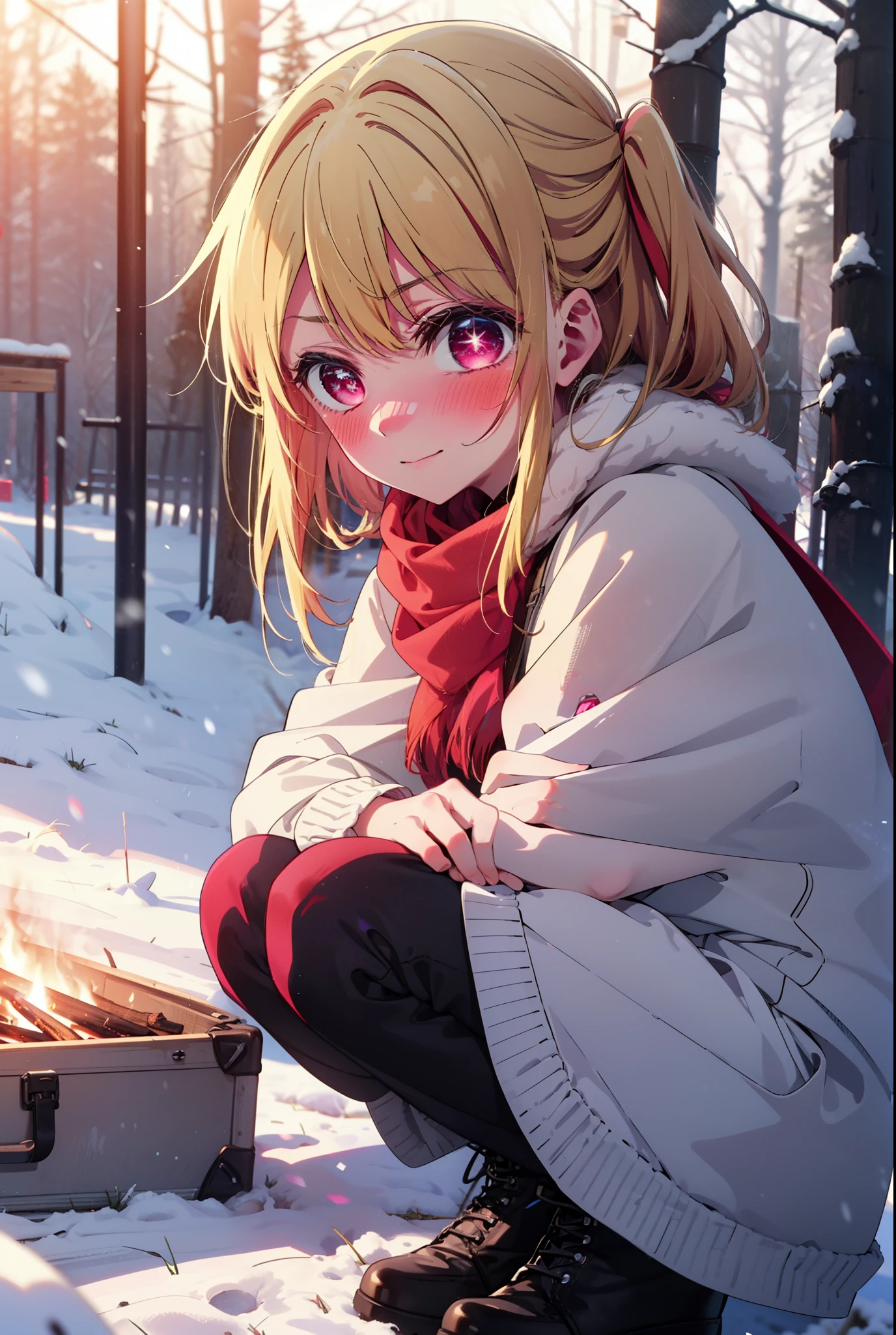 rubyhoshino, Hoshino Ruby, Long Hair, bangs, blonde, (Pink Eyes:1.3), Side Lock, (Symbol-shaped pupil:1.5), Multicolored Hair, Two-tone hair, smile,,smile,blush,white breath,
Open your mouth,snow,Ground bonfire, Outdoor, boots, snowing, From the side, wood, suitcase, Cape, Blurred, , forest, White handbag, nature,  Squat, Mouth closed, Cape, winter, Written boundary depth, Black shoes, red Cape break looking at viewer, Upper Body, whole body, break Outdoor, forest, nature, break (masterpiece:1.2), Highest quality, High resolution, unity 8k wallpaper, (shape:0.8), (Beautiful and beautiful eyes:1.6), Highly detailed face, Perfect lighting, Extremely detailed CG, (Perfect hands, Perfect Anatomy),