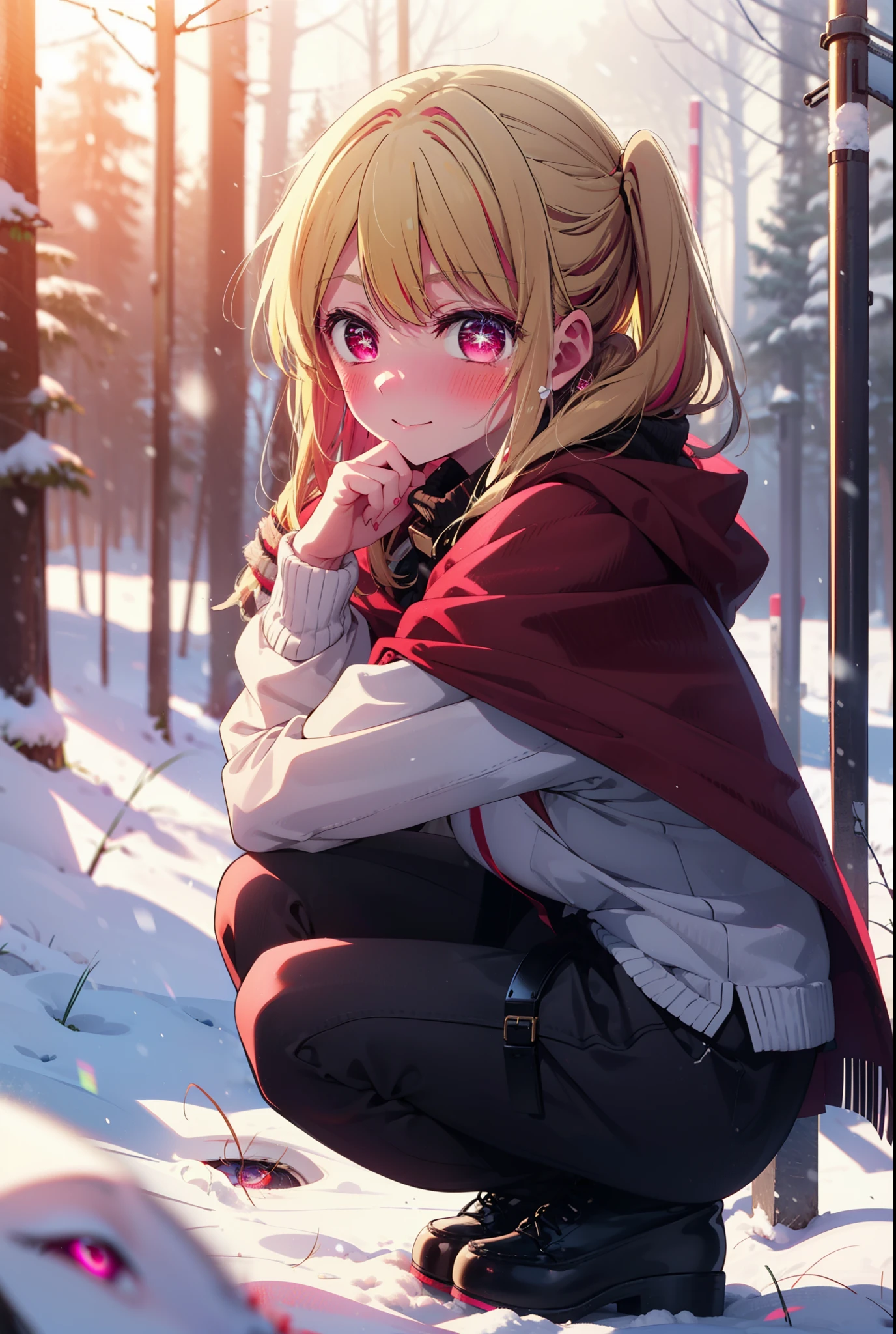 rubyhoshino, Hoshino Ruby, Long Hair, bangs, blonde, (Pink Eyes:1.3), Side Lock, (Symbol-shaped pupil:1.5), Multicolored Hair, Two-tone hair, smile,,smile,blush,white breath,
Open your mouth,snow,Ground bonfire, Outdoor, boots, snowing, From the side, wood, suitcase, Cape, Blurred, , forest, White handbag, nature, Squat, Mouth closed, Cape, winter, Written boundary depth, Black shoes, red Cape break looking at viewer, Upper Body, whole body, break Outdoor, forest, nature, break (masterpiece:1.2), Highest quality, High resolution, unity 8k wallpaper, (shape:0.8), (Beautiful and beautiful eyes:1.6), Highly detailed face, Perfect lighting, Extremely detailed CG, (Perfect hands, Perfect Anatomy),