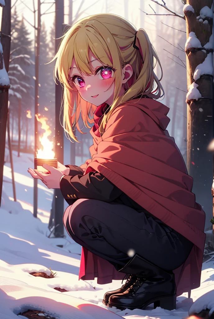 rubyhoshino, Hoshino Ruby, Long Hair, bangs, blonde, (Pink Eyes:1.3), Side Lock, (Symbol-shaped pupil:1.5), Multicolored Hair, Two-tone hair, smile,,smile,blush,white breath,
Open your mouth,snow,Ground bonfire, Outdoor, boots, snowing, From the side, wood, suitcase, Cape, Blurred, , forest, White handbag, nature, Squat, Mouth closed, Cape, winter, Written boundary depth, Black shoes, red Cape break looking at viewer, Upper Body, whole body, break Outdoor, forest, nature, break (masterpiece:1.2), Highest quality, High resolution, unity 8k wallpaper, (shape:0.8), (Beautiful and beautiful eyes:1.6), Highly detailed face, Perfect lighting, Extremely detailed CG, (Perfect hands, Perfect Anatomy),