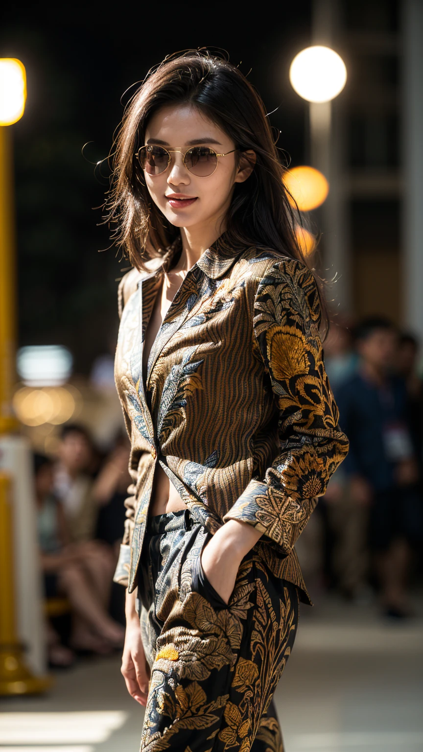 (masterpiece, best quality:1.2), (1girl, solo, alone:1.3), (black hair, long hair, slender legs, black sunglasses, parted lips, smile:1.2), (embroidered batik suit, intricate batik shirt, batik coat, fashion model:1.3), (embroidered batik pants, intricate batik pants:1.4), (catwalk, walking, walking through a model catwalk:1.35), (city background, intricate fashion contest background, night time:1.2), (portrait, portrait shot, lens flashes, bokeh, blurry background:1.3),