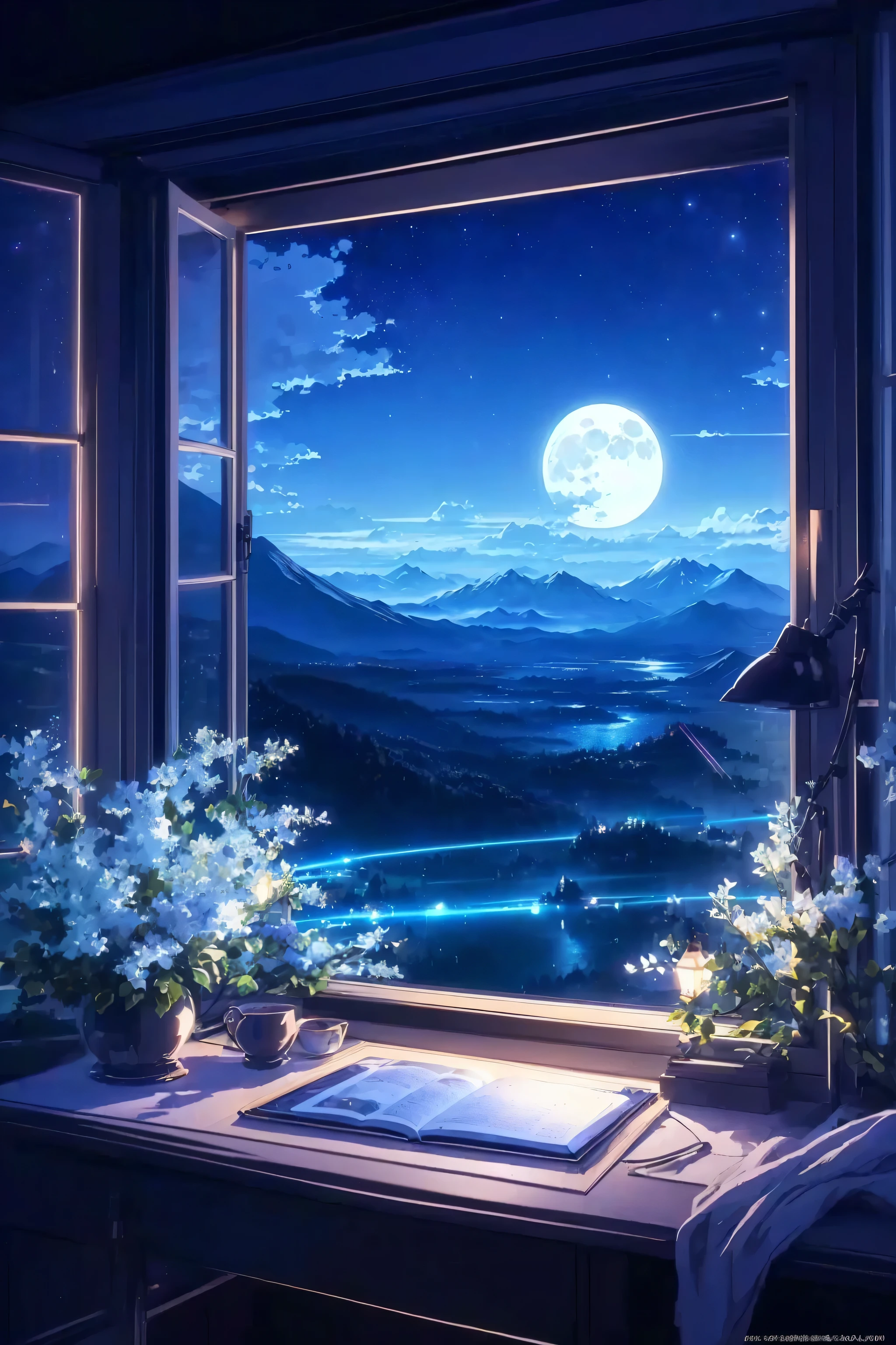 Anime landscape of a window with a view of a mountain and a full moon, anime background, anime background art, Anime landscape wallpaper, Night view, beautiful Anime landscape, Anime landscape, Dream-like atmosphere on a moonlit night, Anime beautiful peaceful scene, 4k anime wallpaper, Beautiful anime scene, landscape artwork, beautiful moonlit night, Landscape wallpaper aesthetics, Starry sky environment under moonlight