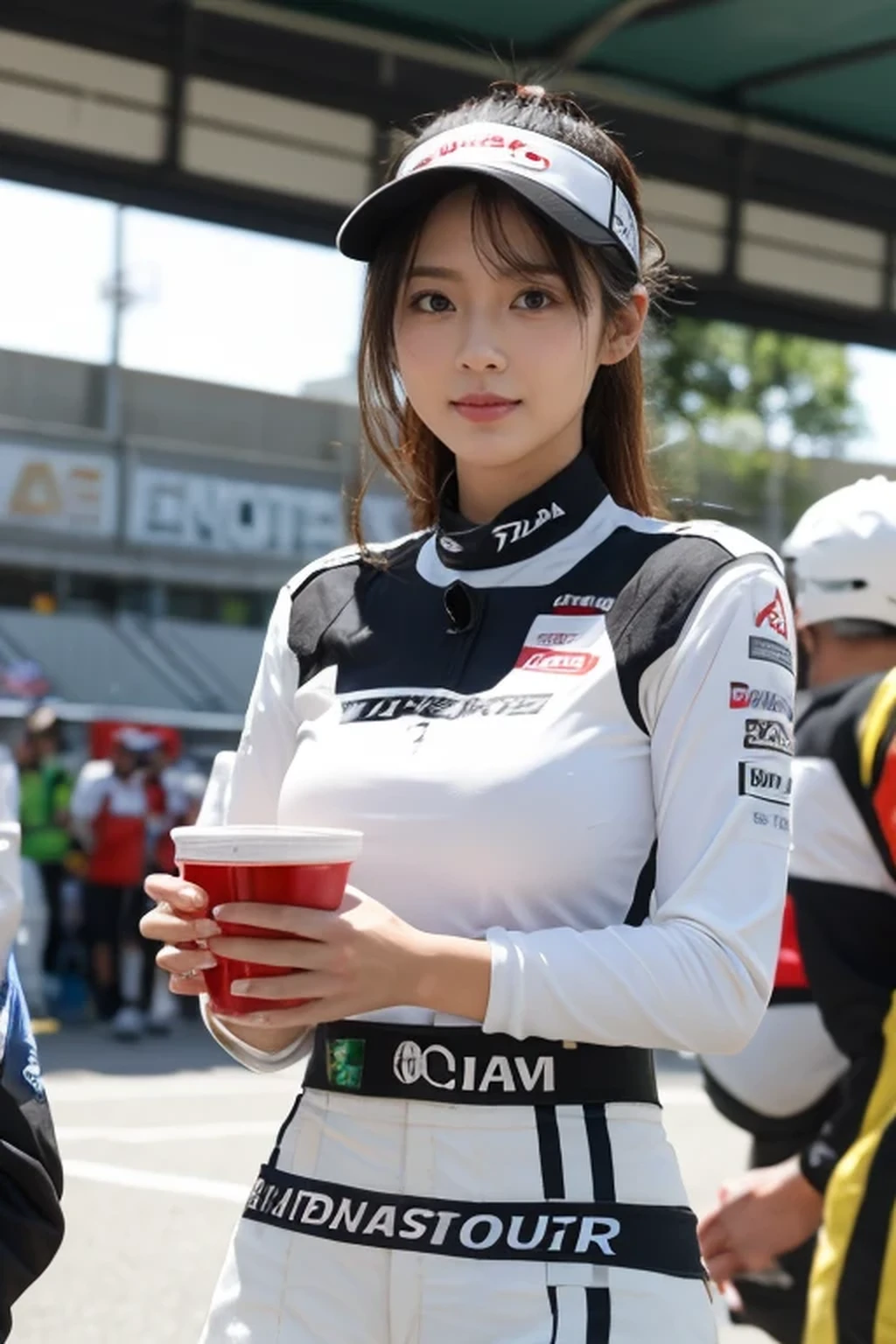 1 Japanese woman、
(((masterpiece))), ((highest quality)), ((intricate details)), (((hyper realistic)), Unorganized resolution, far and near method, very detailed, Reality, 1 girl, {8K Photo Quality:1.2}、{Ultra-high resolution photo quality:1.2}、{Super Real 1.2}、{perfect limbs}、{Japanese}、masterpiece、NSFW、1 female、alone、Wearing a race queen costume with many sponsor logos、Her outfit with lots of sponsor logos、{Being in the pits of a car race}、She is a race queen、Dynamic sexy poses、smile、Open crotch pose、Spread your legs in an M-shape、Raise your arms above your head