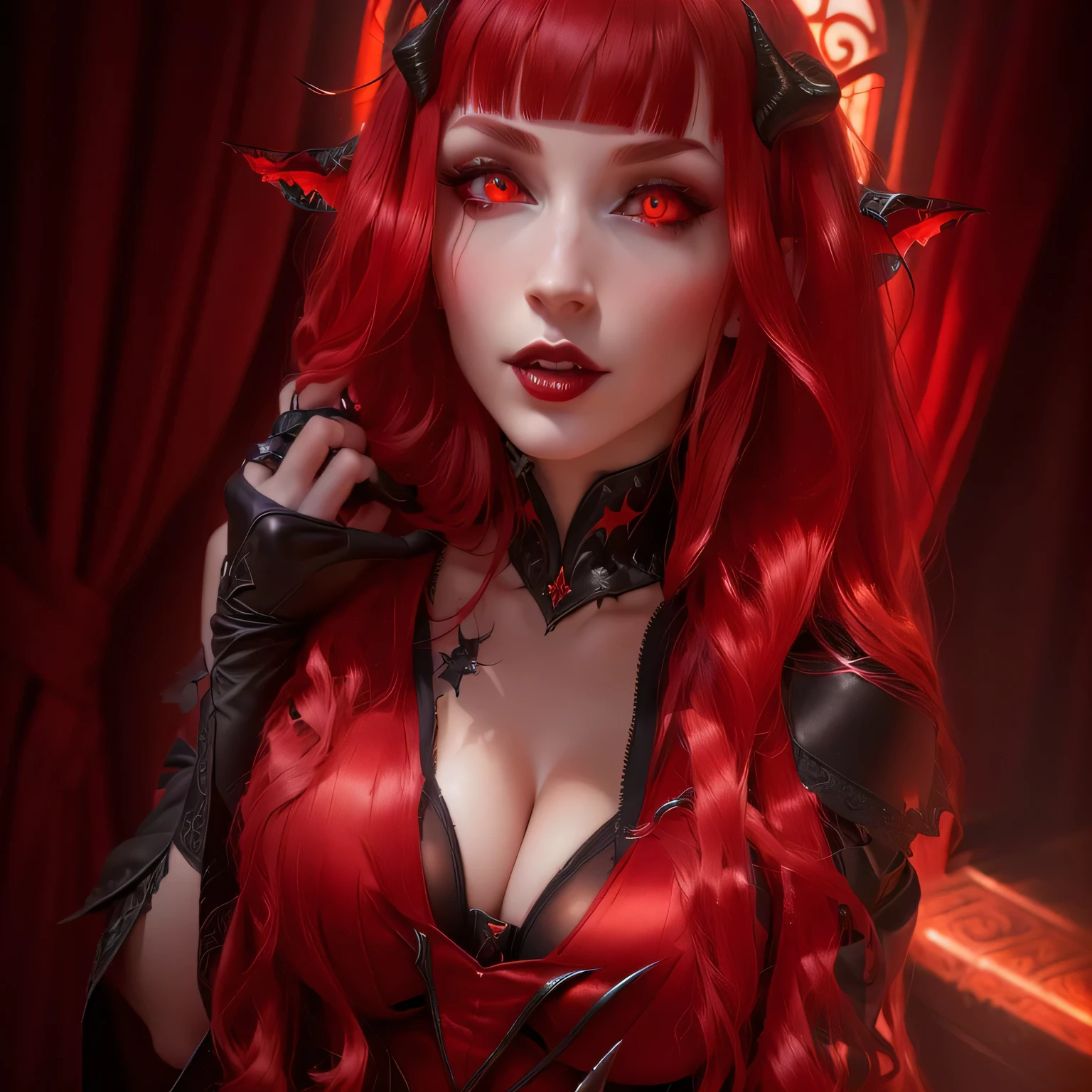 Arafedka with red hair and horns poses for a photo, succubus | medieval, with long hair and piercing eyes, with horns, beautiful succubus, succubus in tight short dress, succubus in sundress portrait, horns and red eyes, with long red hair, crimson-red hair and red eyes, no matter, Portrait of Tiefling, fantasy misterious background behing the girl