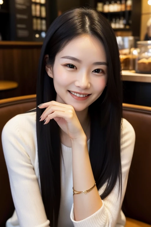 Elegant woman with straight, long black hair relaxing in a cozy café, her upper body shown as she smiles gently.