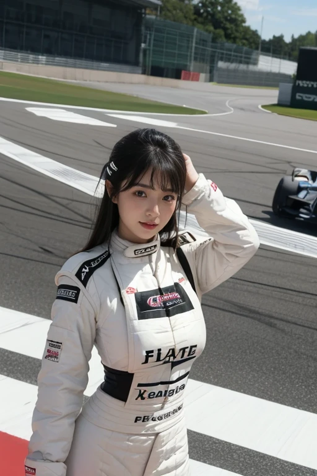 best quality, masterpiece, beautiful Japanese woman, (((race queen, grid girl))), (huge breasts), ((racing circuit)),