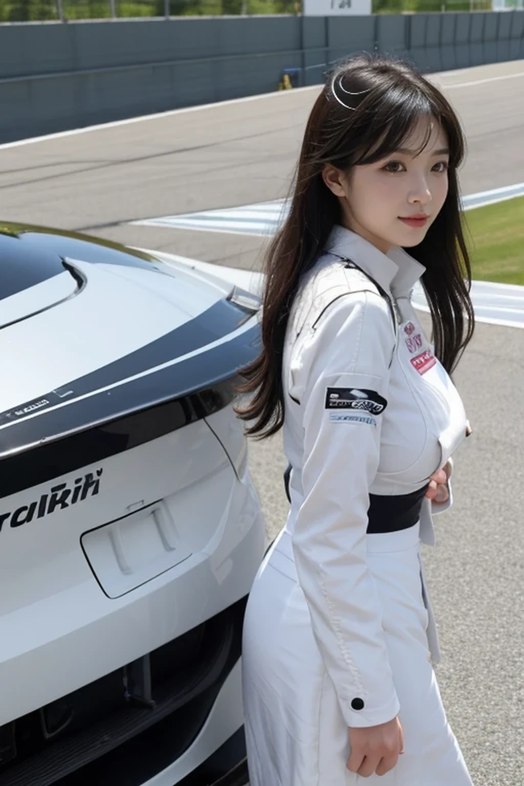 best quality, masterpiece, beautiful Japanese woman, (((race queen, grid girl))), (huge breasts), ((racing circuit)),