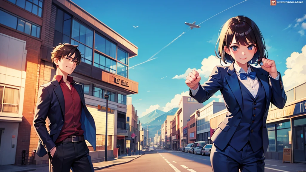 He is doing a fist pump while flying office Street blue sky suit high quality detailed smile The whole body is swollen