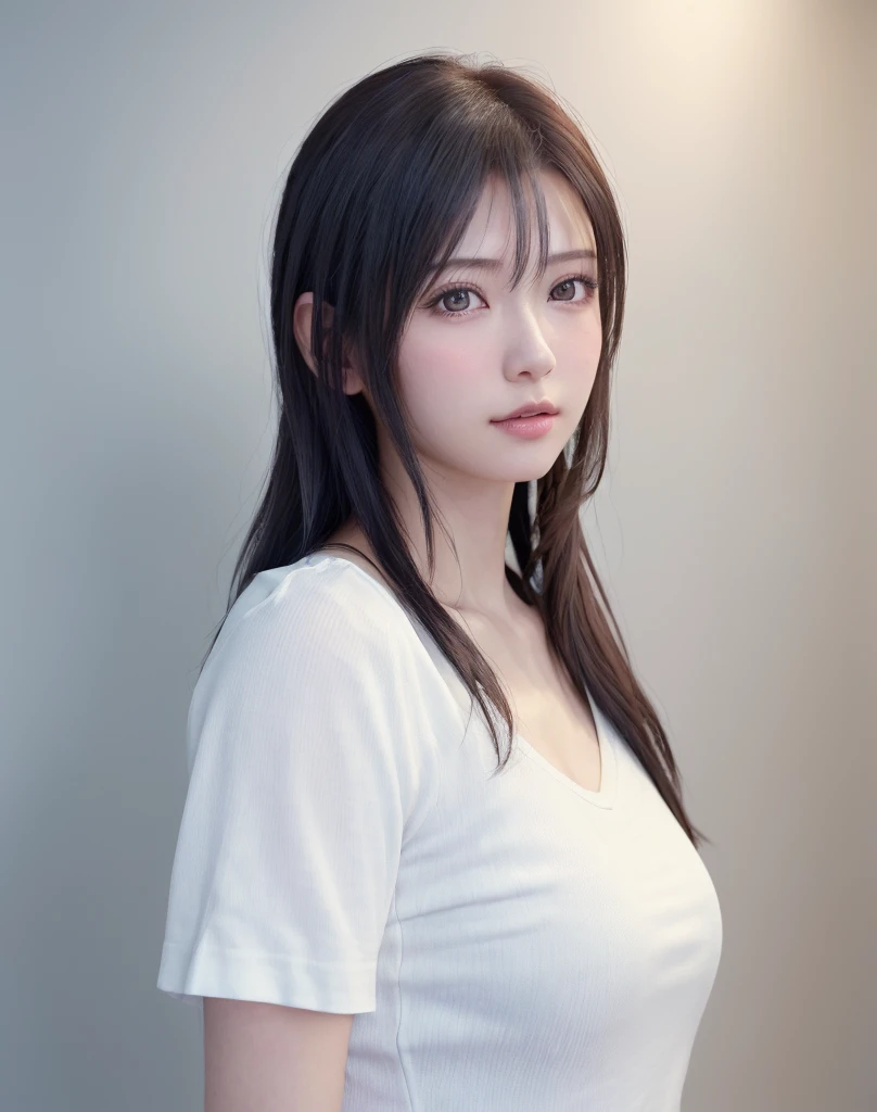 (masutepiece, Best Quality,:1.2), 1girl in, (Solo:1.3), Upper body, White shirt, Short sleeves, , (waifu, Realistic, Real life, exceptional, Best aesthetic, new, newest, Best Quality, masutepiece:1.2), Soft_Lighting, Soft_skin_Tone, feminine_hair, (White background, Simple background,:1.2),