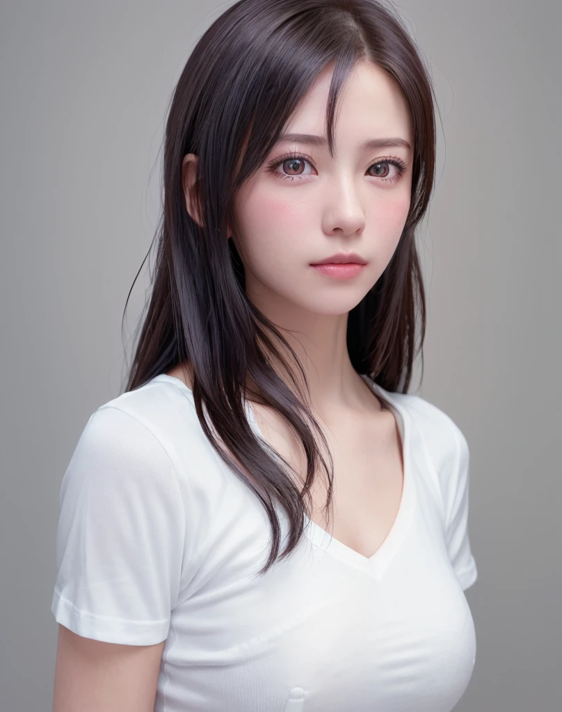 (masutepiece, Best Quality,:1.2), 1girl in, (Solo:1.3), Upper body, White shirt, Short sleeves, , (waifu, Realistic, Real life, exceptional, Best aesthetic, new, newest, Best Quality, masutepiece:1.2), Soft_Lighting, Soft_skin_Tone, feminine_hair, (White background, Simple background,:1.2),