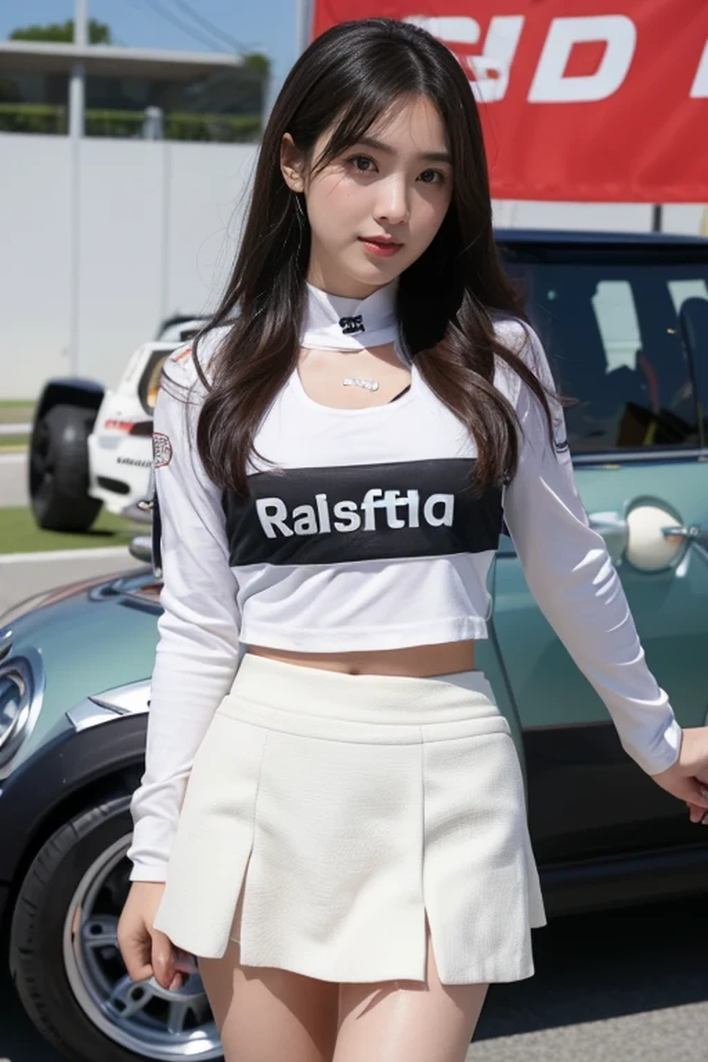 best quality, masterpiece, beautiful Japanese woman, (((race queen, grid girl, mini-skirt))), (huge breasts), ((racing circuit)),