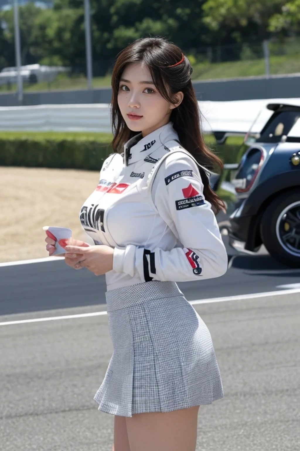 best quality, masterpiece, beautiful Japanese woman, (((race queen, grid girl, mini-skirt))), (huge breasts), ((racing circuit)),