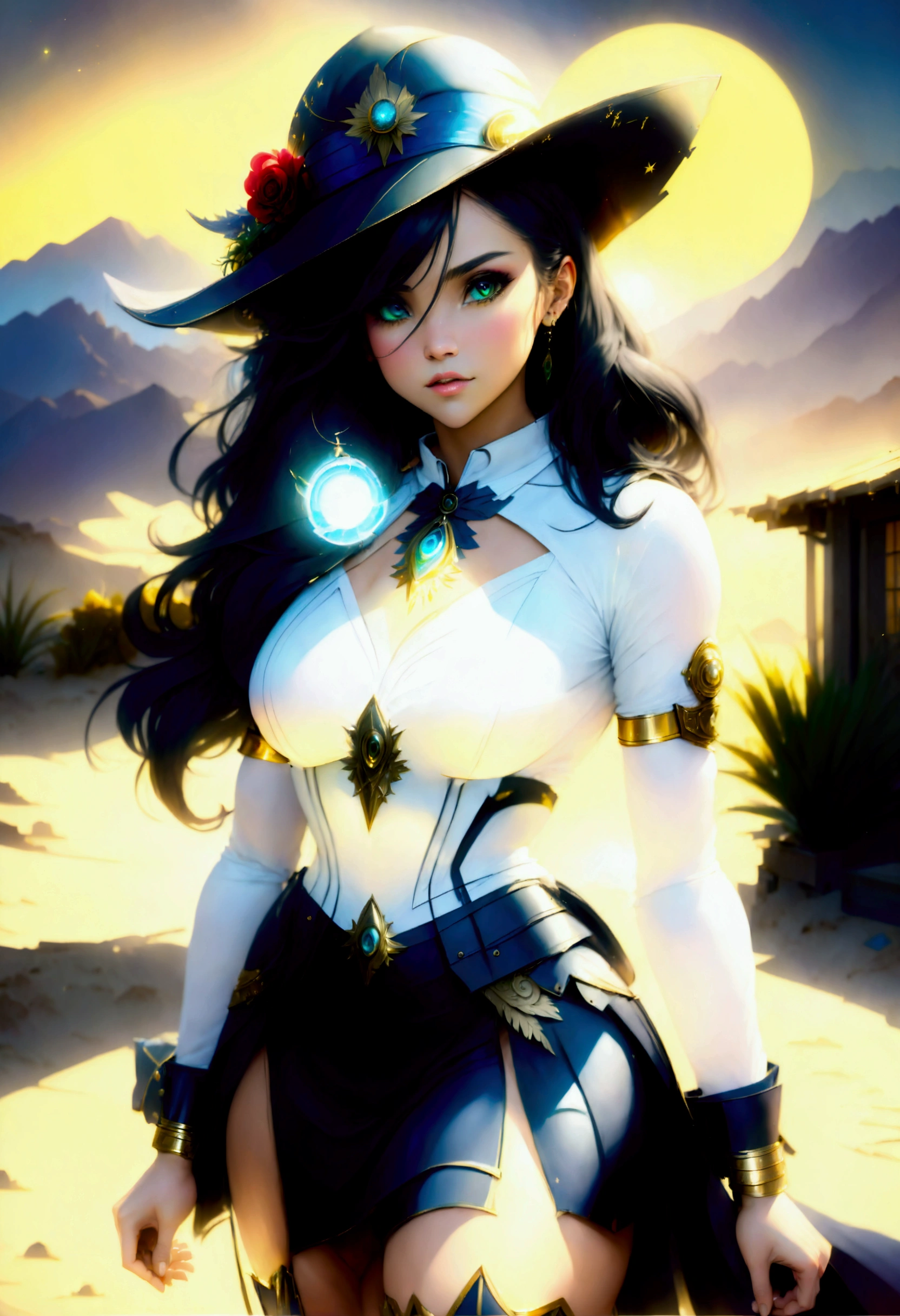(wild west black and white 19th century photograph style: 1.5) picture of a female vampire cowboy in the desert night, a goth beauty, exquisite beautiful female vampire, ((anatomically correct: 1.5), (ultra detailed face: 1.2), best detailed face, red glowing eyes, full body, busty, wearing white bottom shirt, short skirt, dynamic color. wearing (Gambler Crease hat: 1.2), wearing high heeled boots, wearing open black trench coat, flowing trench coat, (pistol in a holster: 1.1), it is night time in the desert, moon light. moon rays, west America desert canyon background, Hyperrealism style, vibrant, Ultra-high resolution, High Contrast, (masterpiece:1.5), highest quality, Best aesthetics), best details, best quality, highres, ultra wide angle, 16k, [ultra detailed], masterpiece, best quality, (extremely detailed) RAW, chumbasket art style, rpg portrait photograph,
