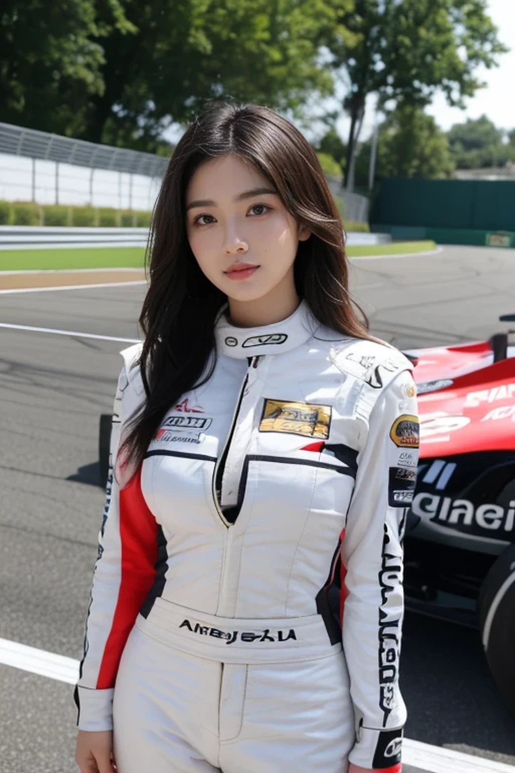 Masterpieces,Higher quality,Ultra-high resolution,8k resolution,Written boundary depth,Panoramic View,First Person View,Bright colors,that'Do it perfectly,Slender girl,The only person,smile,Big eyes,Long Chestnut Hair,collar,Bangles,To the audience,evening,Natural soft light、Riding on motorcycle、Racing Suits、Full Body Shot